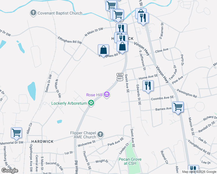 map of restaurants, bars, coffee shops, grocery stores, and more near 1445 Irwinton Road in Milledgeville
