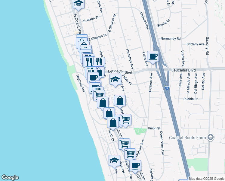 map of restaurants, bars, coffee shops, grocery stores, and more near 699 North Vulcan Avenue in Encinitas