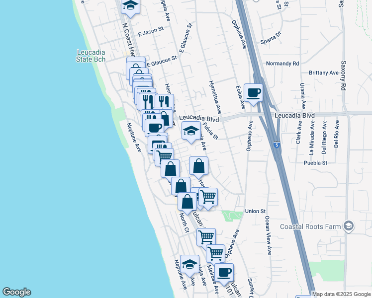 map of restaurants, bars, coffee shops, grocery stores, and more near 699 North Vulcan Avenue in Encinitas