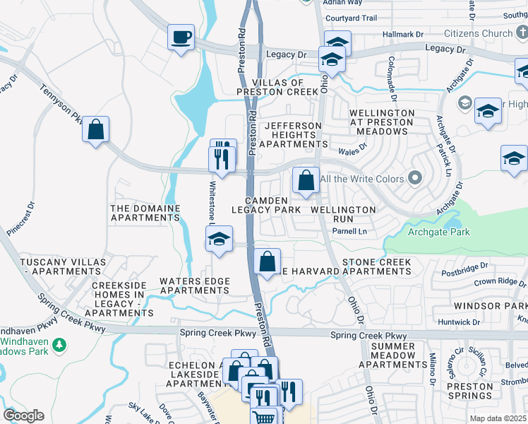 map of restaurants, bars, coffee shops, grocery stores, and more near 6600 Preston Road in Plano