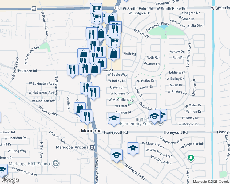 map of restaurants, bars, coffee shops, grocery stores, and more near 44360 Knauss Drive in Maricopa