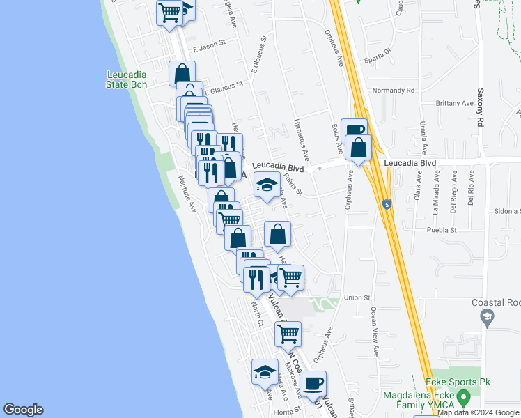 map of restaurants, bars, coffee shops, grocery stores, and more near 699 North Vulcan Avenue in Encinitas