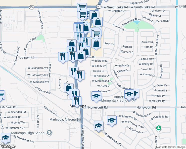 map of restaurants, bars, coffee shops, grocery stores, and more near 44453 Caven Drive in Maricopa