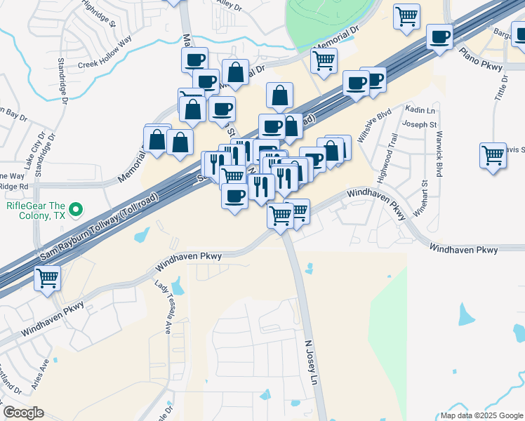 map of restaurants, bars, coffee shops, grocery stores, and more near 6225 North Josey Lane in The Colony