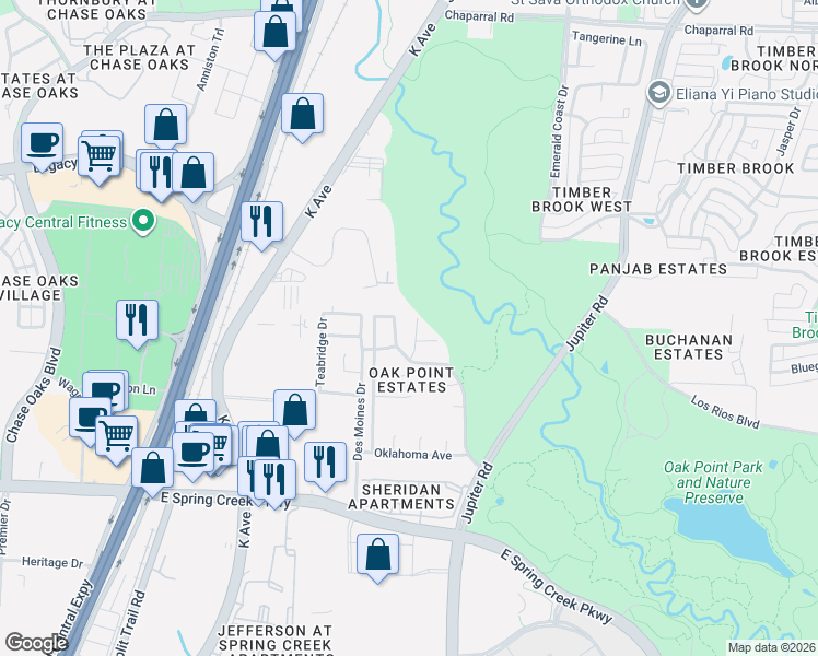 map of restaurants, bars, coffee shops, grocery stores, and more near 6521 Hickory Hill Drive in Plano
