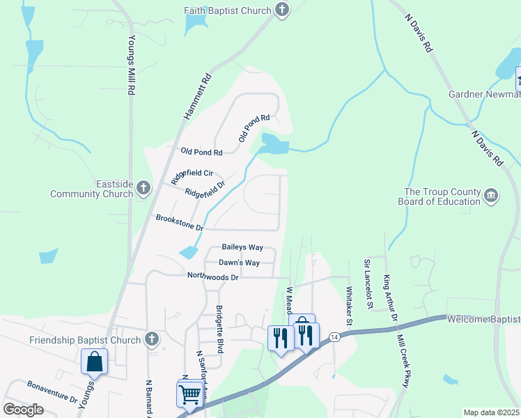 map of restaurants, bars, coffee shops, grocery stores, and more near 106 Woodridge Circle in LaGrange