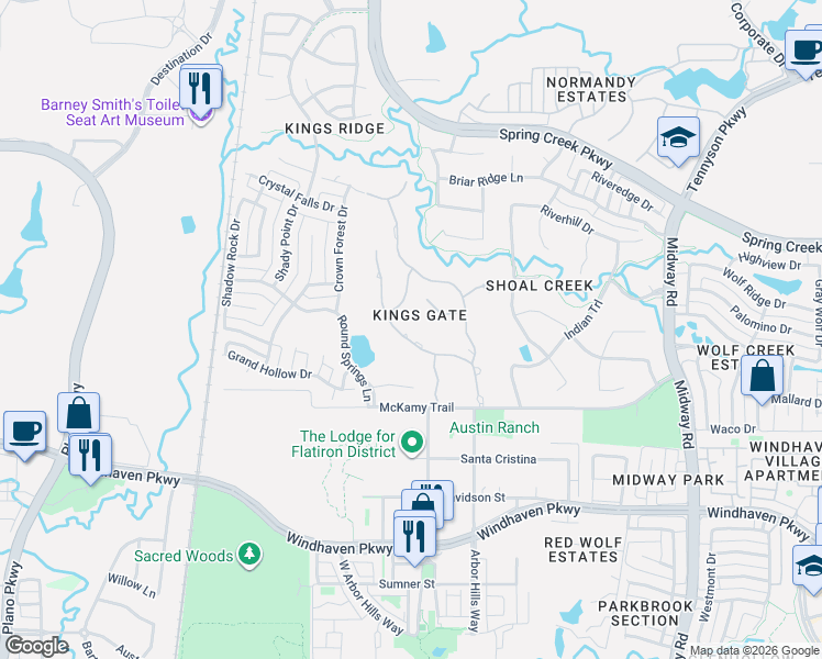 map of restaurants, bars, coffee shops, grocery stores, and more near 6432 Sudbury Road in Plano