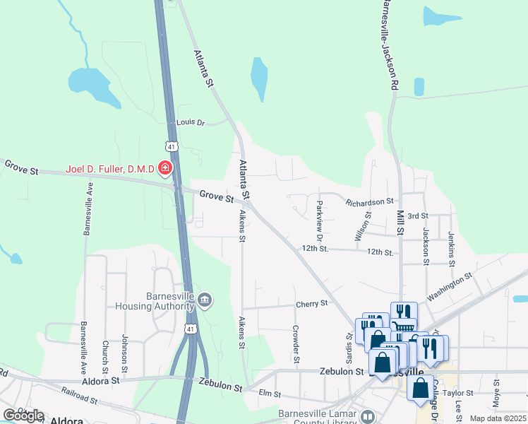 map of restaurants, bars, coffee shops, grocery stores, and more near 403 Atlanta Street in Barnesville