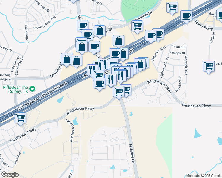 map of restaurants, bars, coffee shops, grocery stores, and more near 6225 North Josey Lane in The Colony