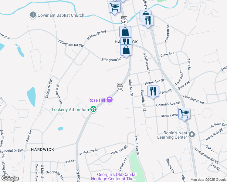 map of restaurants, bars, coffee shops, grocery stores, and more near 1445 Irwinton Road in Milledgeville