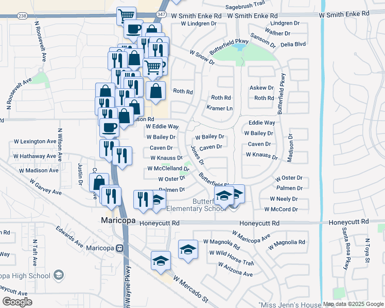 map of restaurants, bars, coffee shops, grocery stores, and more near 44027 Caven Drive in Maricopa