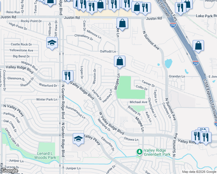 map of restaurants, bars, coffee shops, grocery stores, and more near 1320 Pelham Lane in Lewisville