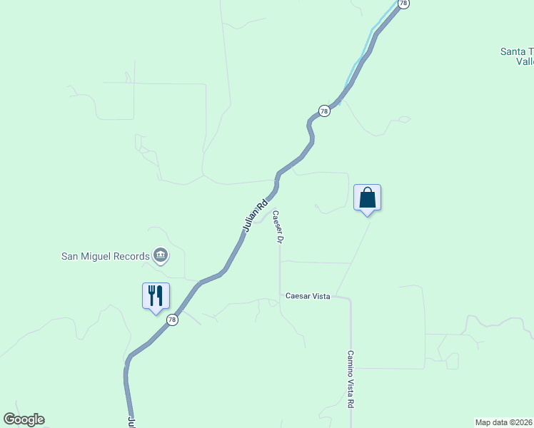 map of restaurants, bars, coffee shops, grocery stores, and more near 19075 Caesar Drive in Ramona