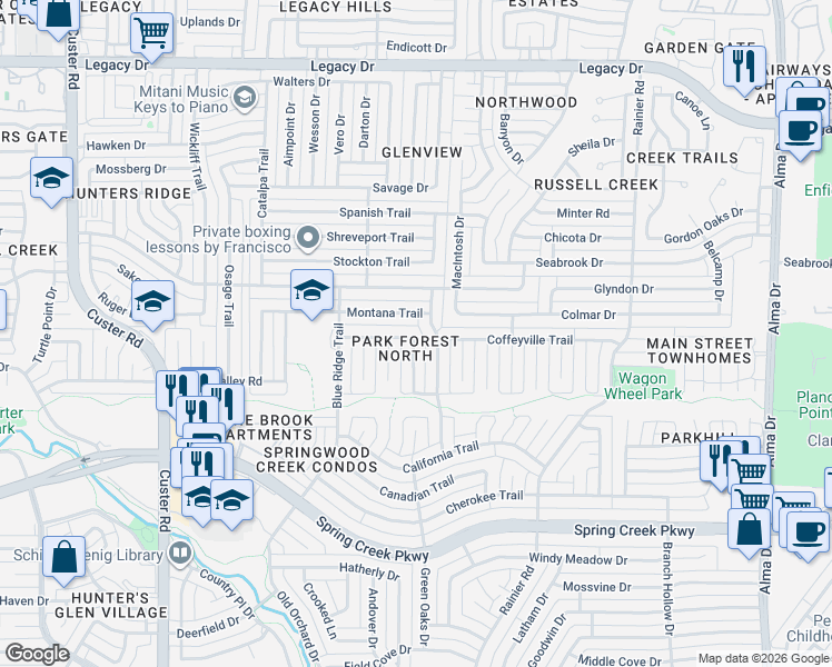 map of restaurants, bars, coffee shops, grocery stores, and more near 6545 Chinaberry Trail in Plano
