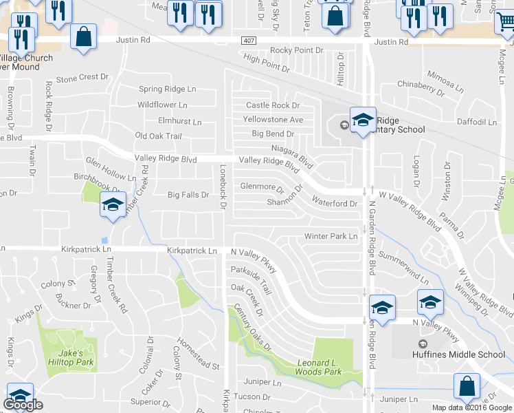map of restaurants, bars, coffee shops, grocery stores, and more near 1662 Shannon Drive in Lewisville