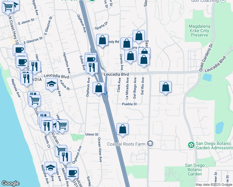 map of restaurants, bars, coffee shops, grocery stores, and more near 777 Clark Avenue in Encinitas