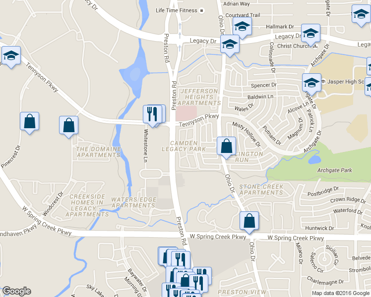 map of restaurants, bars, coffee shops, grocery stores, and more near 6600 Preston Road in Plano