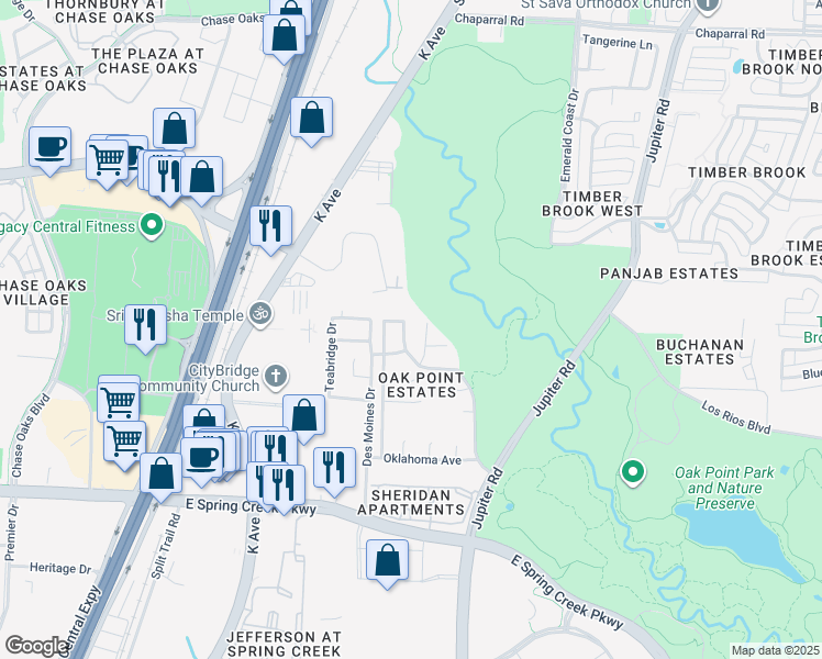 map of restaurants, bars, coffee shops, grocery stores, and more near 6524 Hickory Hill Drive in Plano