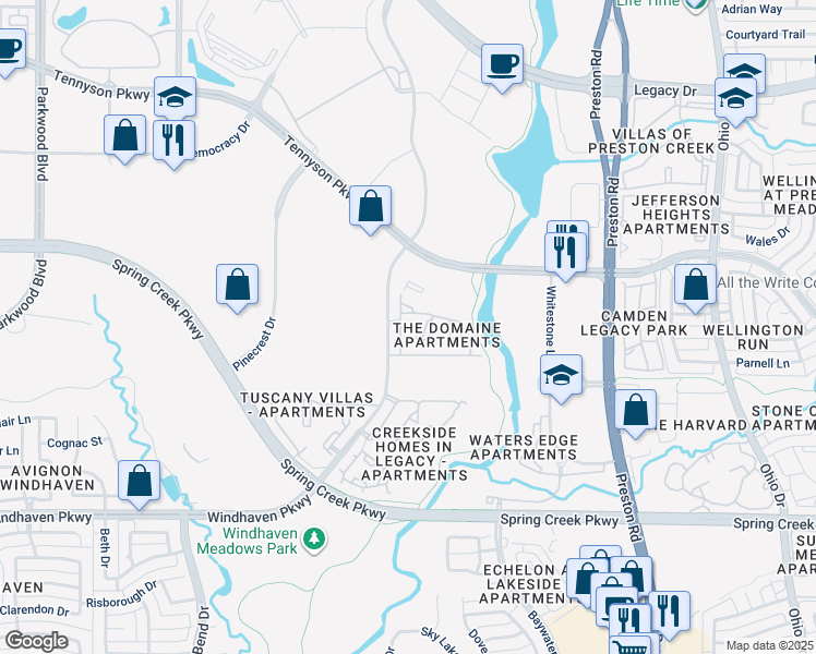 map of restaurants, bars, coffee shops, grocery stores, and more near 6400 Windcrest Drive in Plano