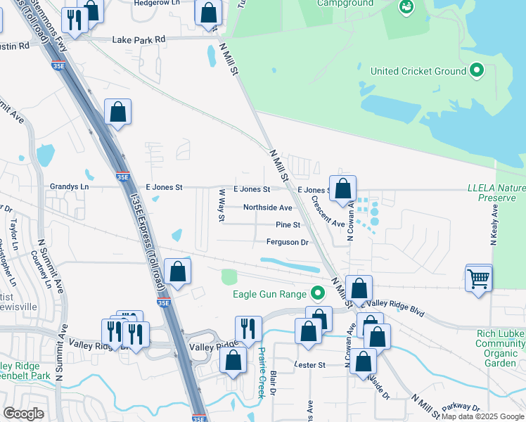 map of restaurants, bars, coffee shops, grocery stores, and more near 574 Northside Avenue in Lewisville
