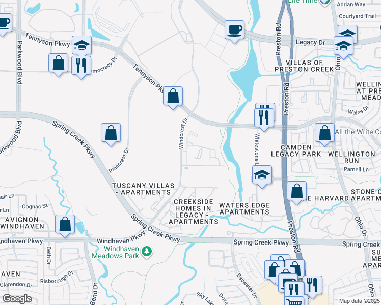map of restaurants, bars, coffee shops, grocery stores, and more near 6400 Windcrest Drive in Plano