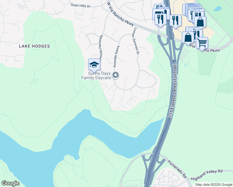 map of restaurants, bars, coffee shops, grocery stores, and more near 3609 Monte Real in Escondido