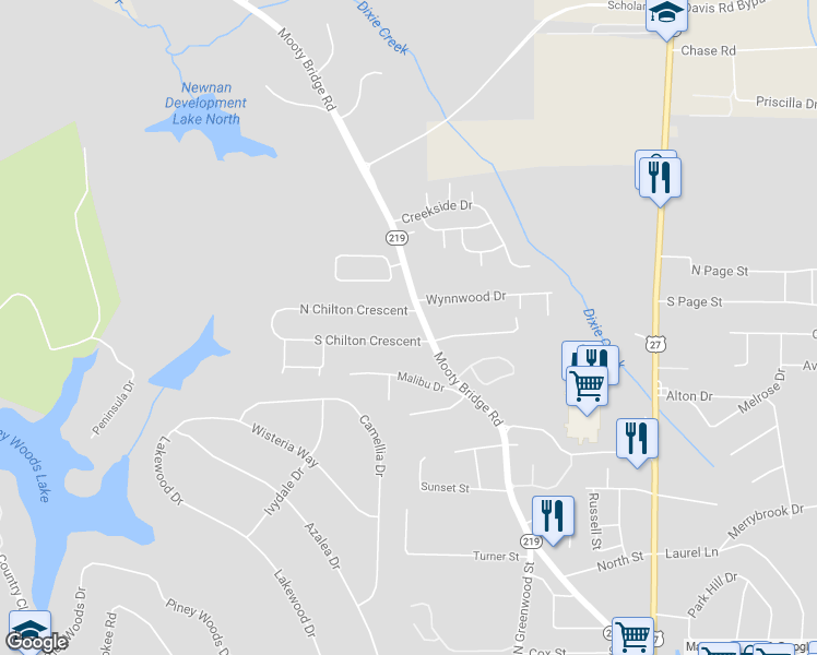map of restaurants, bars, coffee shops, grocery stores, and more near 1145 Mooty Bridge Road in LaGrange