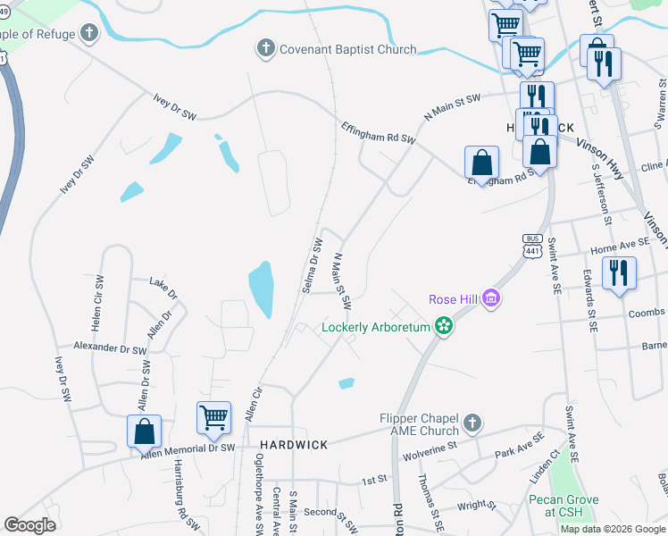 map of restaurants, bars, coffee shops, grocery stores, and more near 142 North Main Street Southwest in Milledgeville