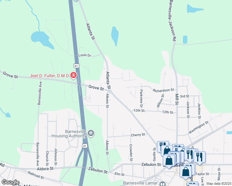 map of restaurants, bars, coffee shops, grocery stores, and more near 403 Atlanta Street in Barnesville