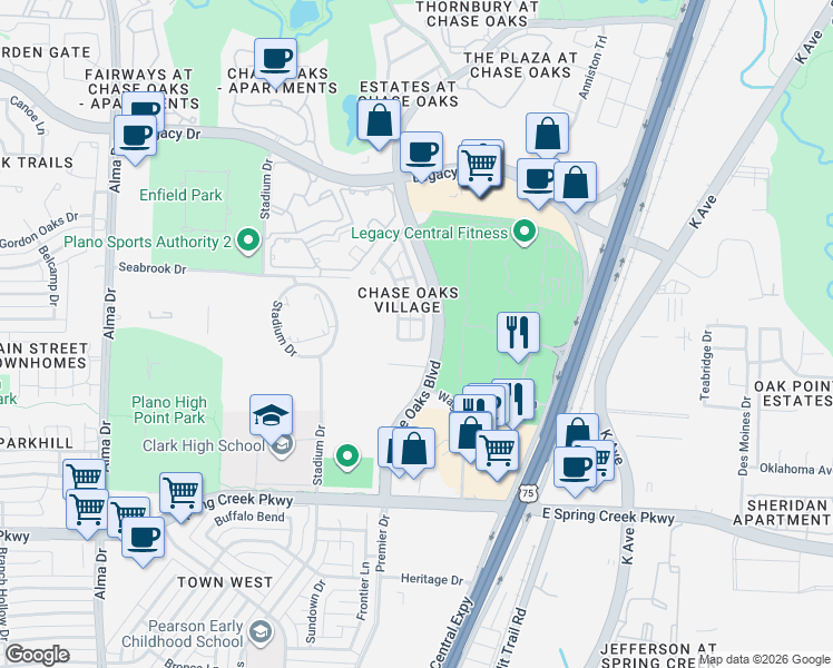 map of restaurants, bars, coffee shops, grocery stores, and more near 6512 Federal Hall Street in Plano