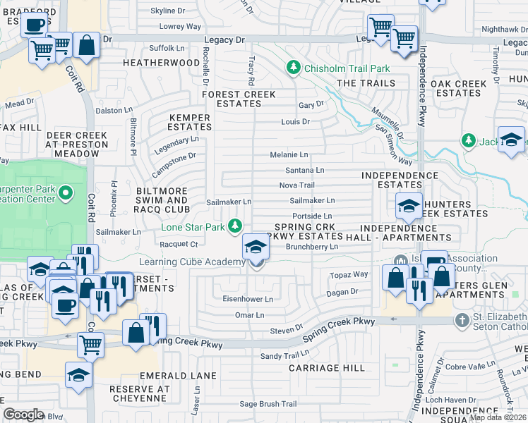 map of restaurants, bars, coffee shops, grocery stores, and more near 3425 Portside Lane in Plano