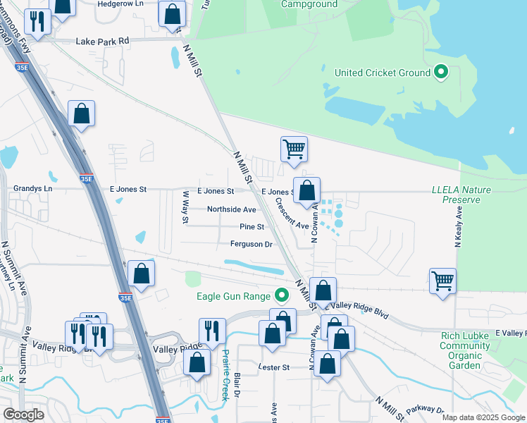 map of restaurants, bars, coffee shops, grocery stores, and more near 518 Northside Avenue in Lewisville