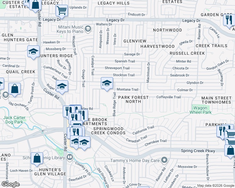 map of restaurants, bars, coffee shops, grocery stores, and more near 1709 Mesquite Trail in Plano