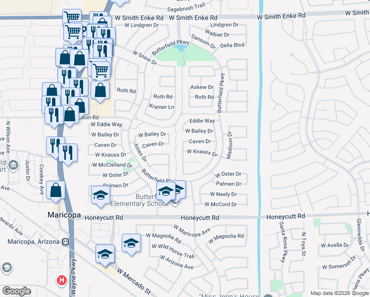 map of restaurants, bars, coffee shops, grocery stores, and more near 43690 Knauss Drive in Maricopa
