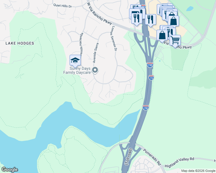 map of restaurants, bars, coffee shops, grocery stores, and more near 3611 Lago Sereno in Escondido