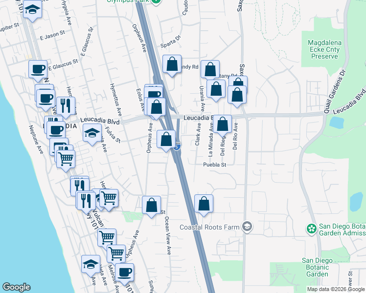 map of restaurants, bars, coffee shops, grocery stores, and more near 792 Clark Avenue in Encinitas