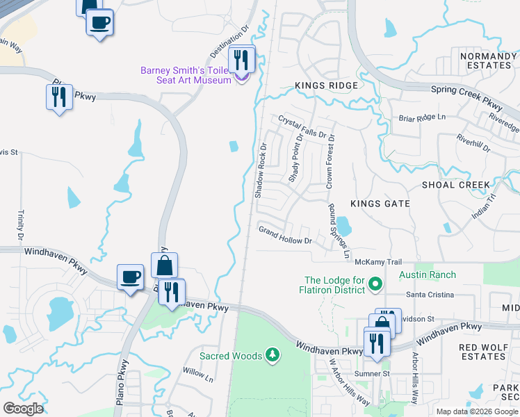 map of restaurants, bars, coffee shops, grocery stores, and more near 7113 Falling Water Lane in Plano
