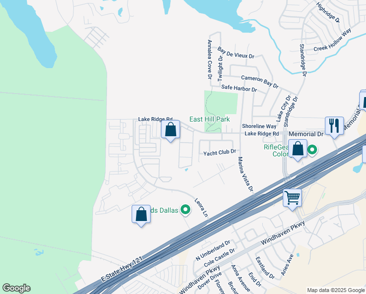 map of restaurants, bars, coffee shops, grocery stores, and more near 2600 Lake Ridge Road in Lewisville