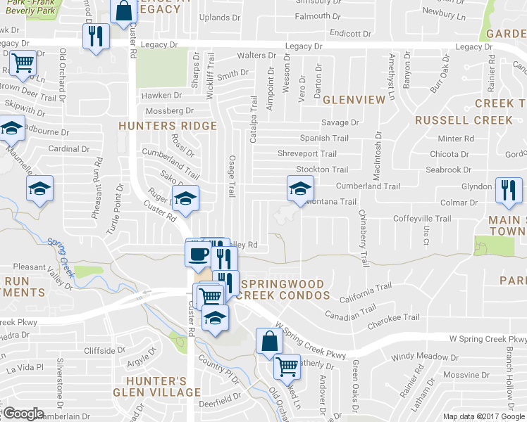 map of restaurants, bars, coffee shops, grocery stores, and more near 6533 Santa Fe Trail in Plano
