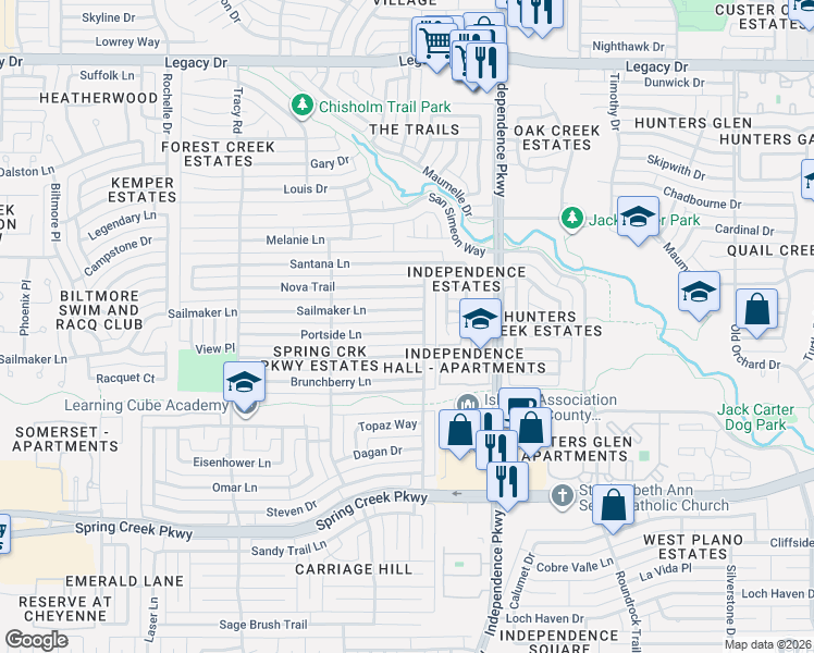 map of restaurants, bars, coffee shops, grocery stores, and more near 3217 Portside Lane in Plano
