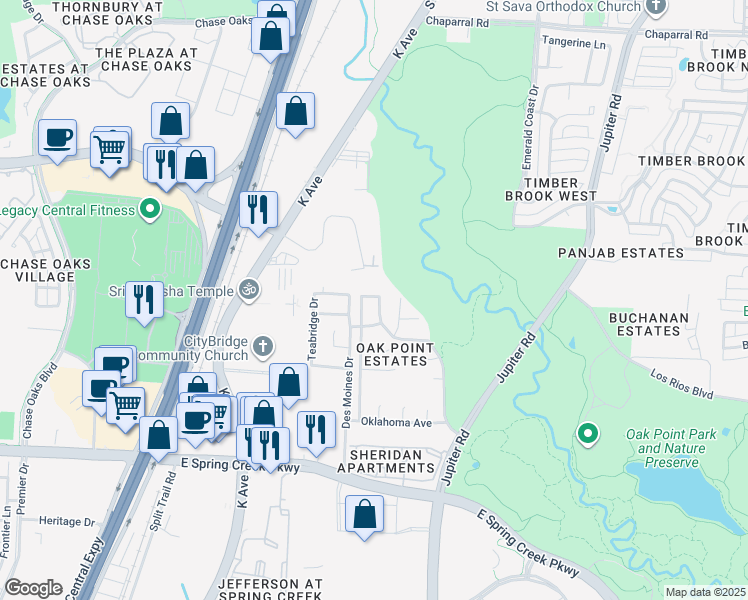 map of restaurants, bars, coffee shops, grocery stores, and more near 6521 Hickory Hill Drive in Plano