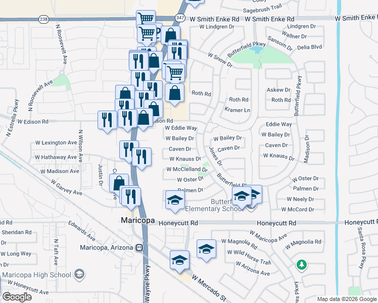 map of restaurants, bars, coffee shops, grocery stores, and more near 44327 Caven Drive in Maricopa