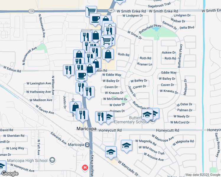 map of restaurants, bars, coffee shops, grocery stores, and more near 44327 Caven Drive in Maricopa