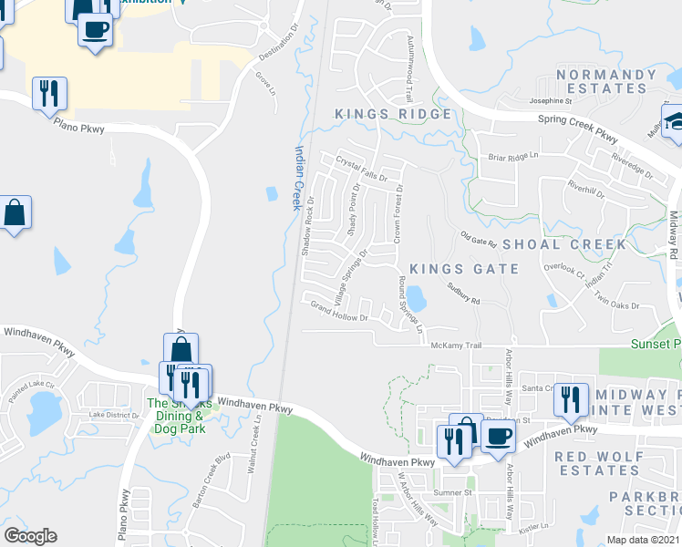 map of restaurants, bars, coffee shops, grocery stores, and more near 6505 Village Springs Dr in Plano