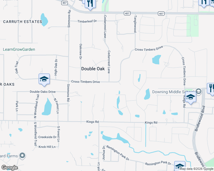 map of restaurants, bars, coffee shops, grocery stores, and more near 320 Cross Timbers Dr in Double Oak