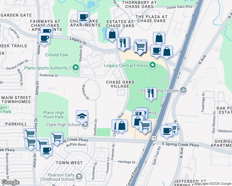 map of restaurants, bars, coffee shops, grocery stores, and more near 6517 Rutherford Road in Plano