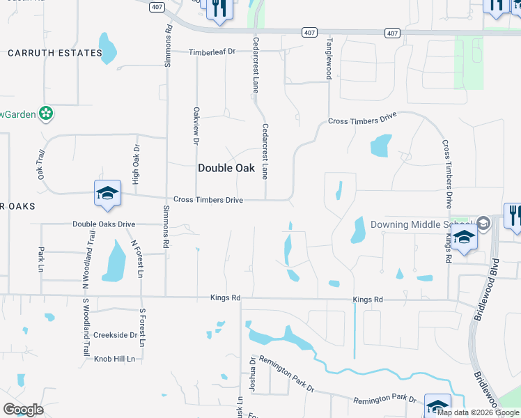 map of restaurants, bars, coffee shops, grocery stores, and more near 320 Cross Timbers Dr in Double Oak