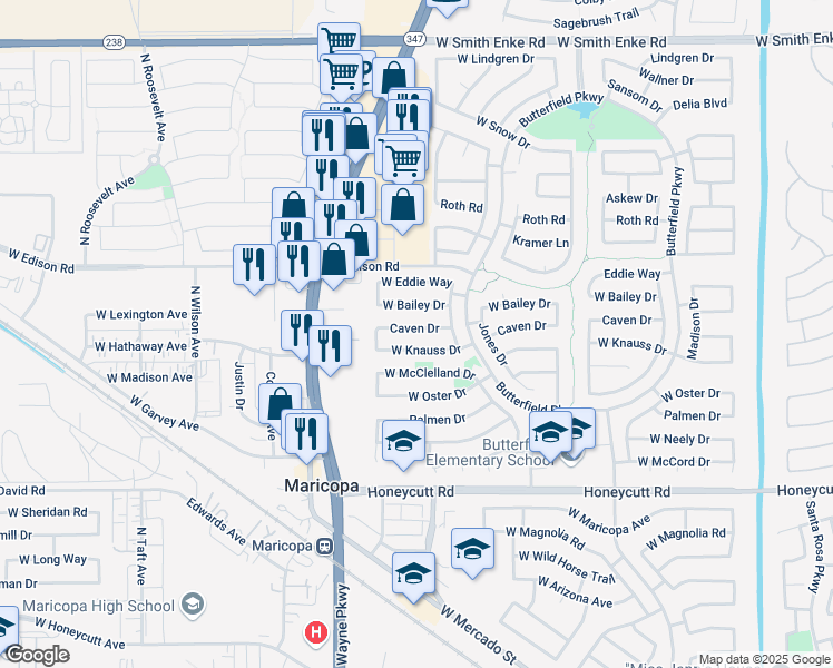map of restaurants, bars, coffee shops, grocery stores, and more near 44327 Caven Drive in Maricopa