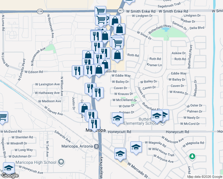 map of restaurants, bars, coffee shops, grocery stores, and more near 44453 Caven Drive in Maricopa
