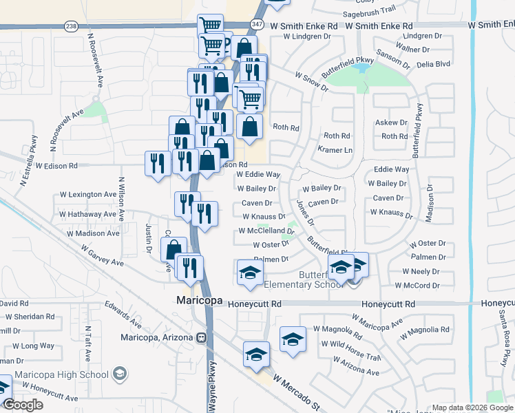 map of restaurants, bars, coffee shops, grocery stores, and more near 44327 Caven Drive in Maricopa